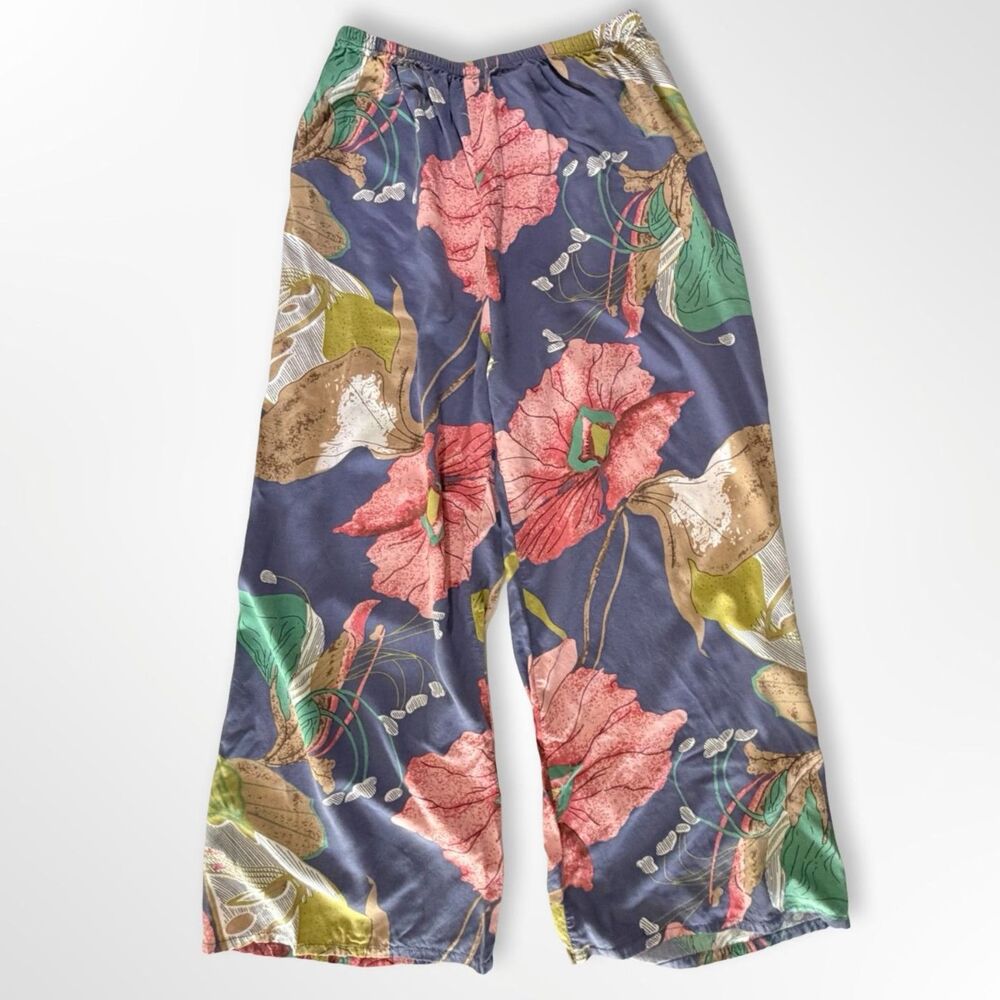 Periwinkle Large Floral Wide Leg Lounge Pants, S Retro Botanical Print